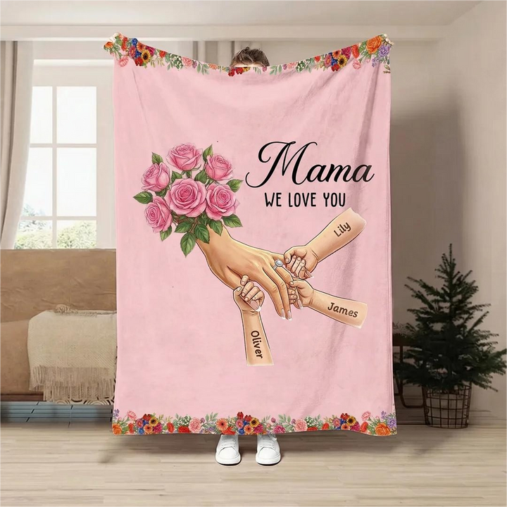 Plaid couverture personnalisée Maman mains entrelacées avec prénoms et fleurs