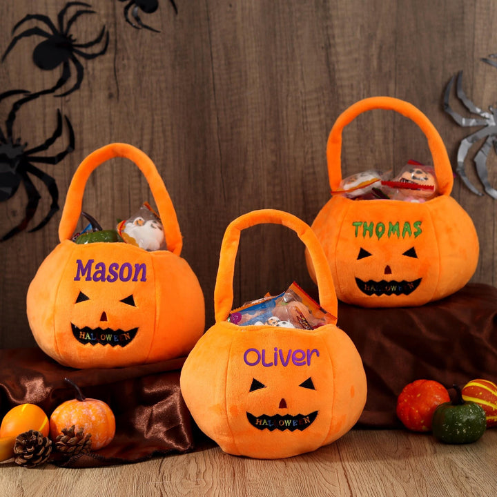 Panier d'Halloween personnalisé - Seau à citrouille personnalisé avec nom, sac à friandises brodé