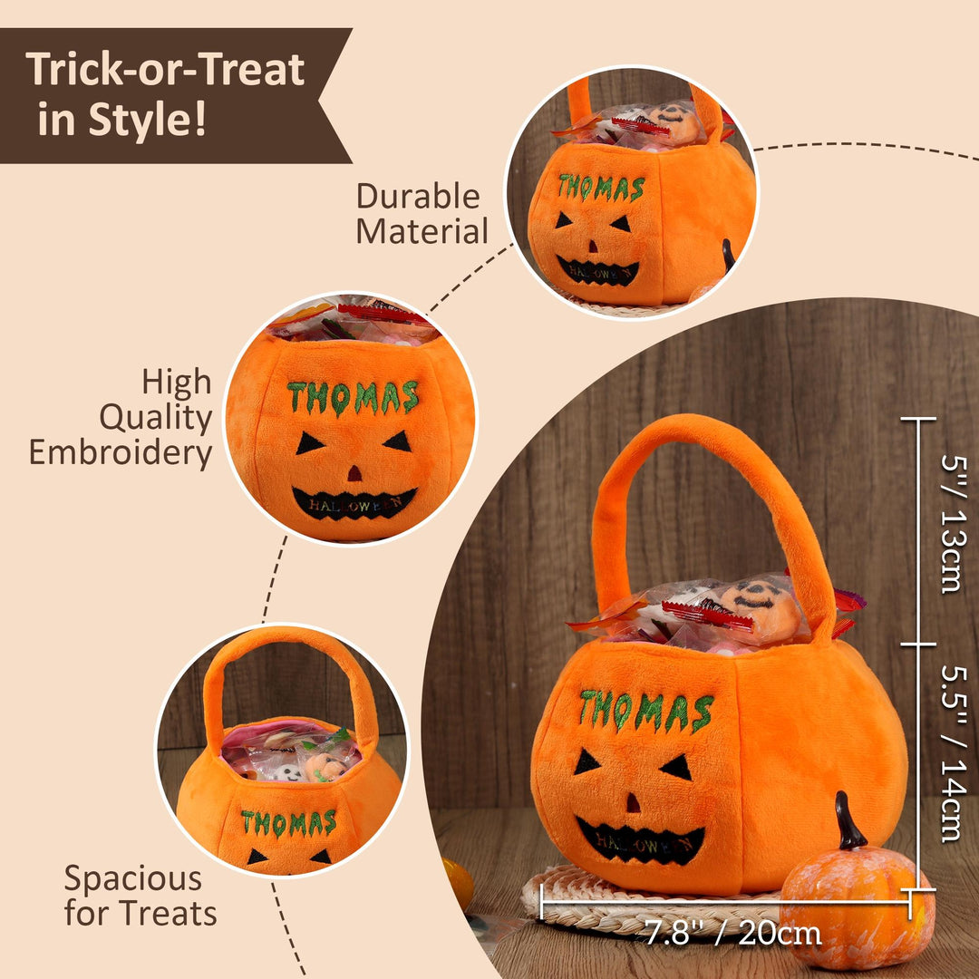 Panier d'Halloween personnalisé - Seau à citrouille personnalisé avec nom, sac à friandises brodé