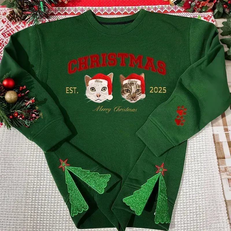 Sweat-shirt personnalisé avec portrait d'animal brodé « Joyeux Noël » et nœud pailleté sur le côté