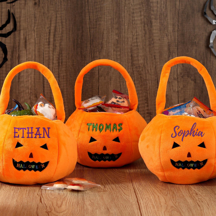 Panier d'Halloween personnalisé - Seau à citrouille personnalisé avec nom, sac à friandises brodé