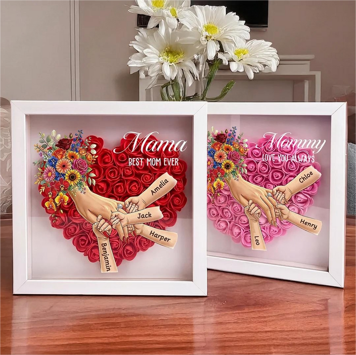 Boîte d’ombre cœur floral personnalisée Maman mains avec prénoms enfants et bague manicure