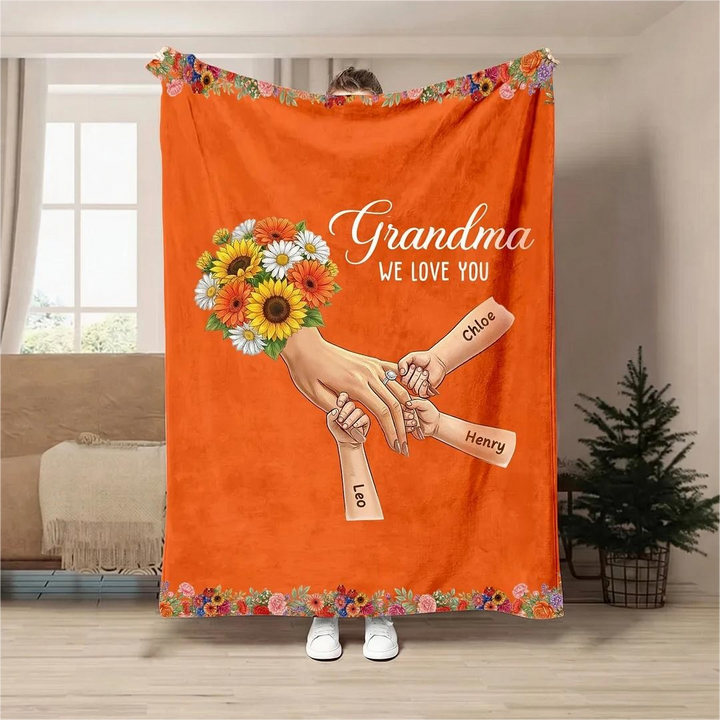 Plaid couverture personnalisée Maman mains entrelacées avec prénoms et fleurs