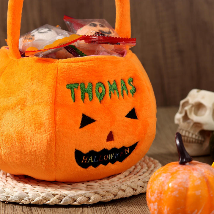 Panier d'Halloween personnalisé - Seau à citrouille personnalisé avec nom, sac à friandises brodé