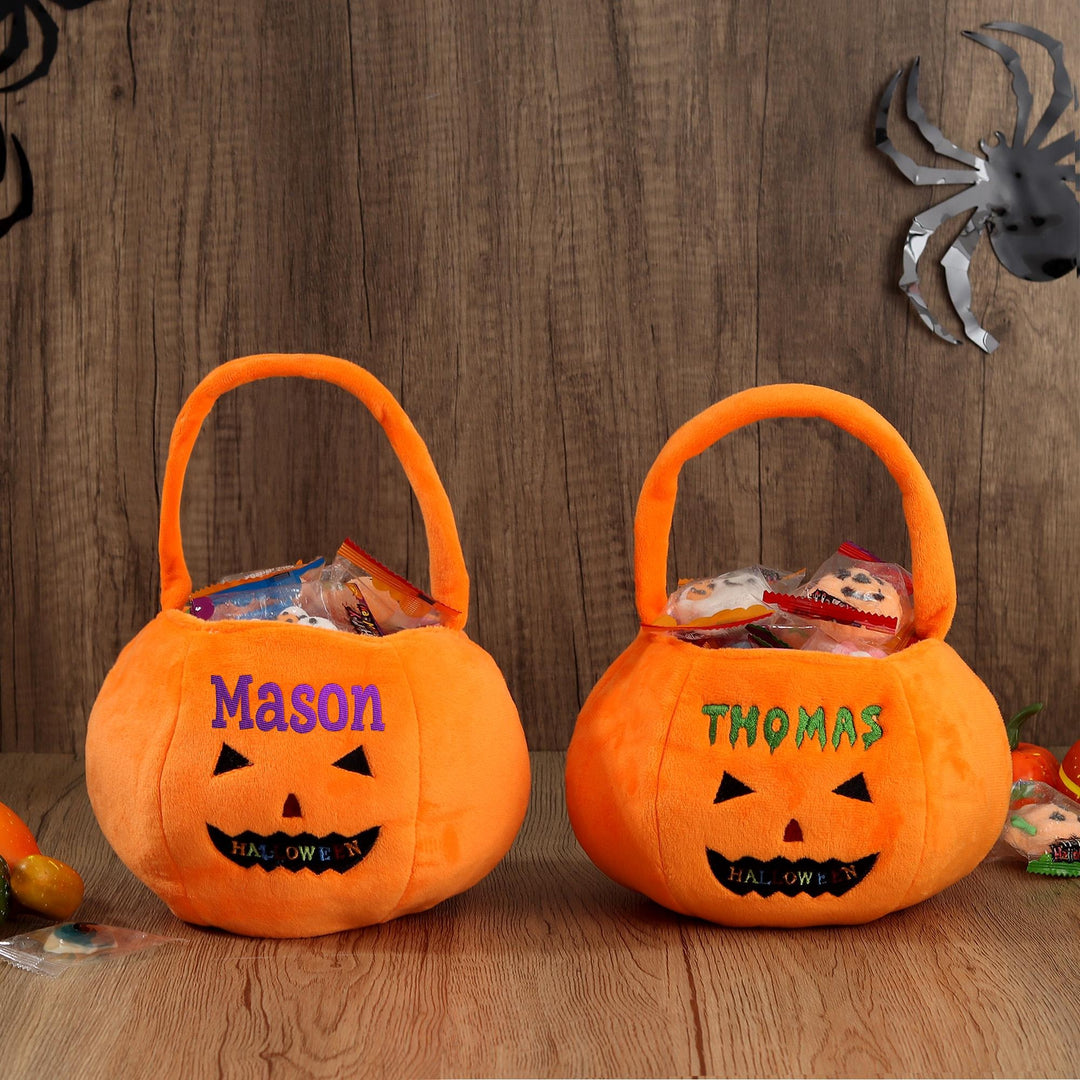 Panier d'Halloween personnalisé - Seau à citrouille personnalisé avec nom, sac à friandises brodé