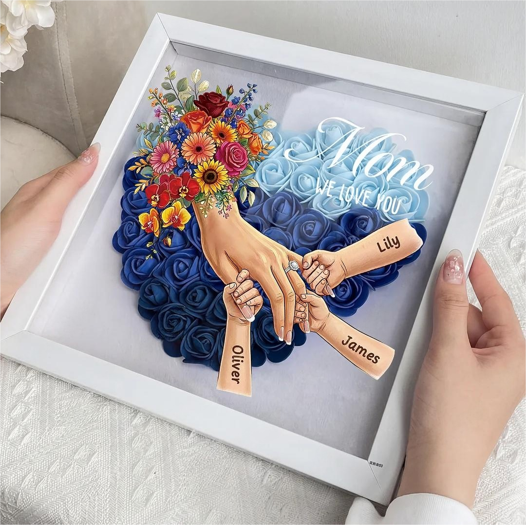 Boîte d’ombre cœur floral personnalisée Maman mains avec prénoms enfants et bague manicure