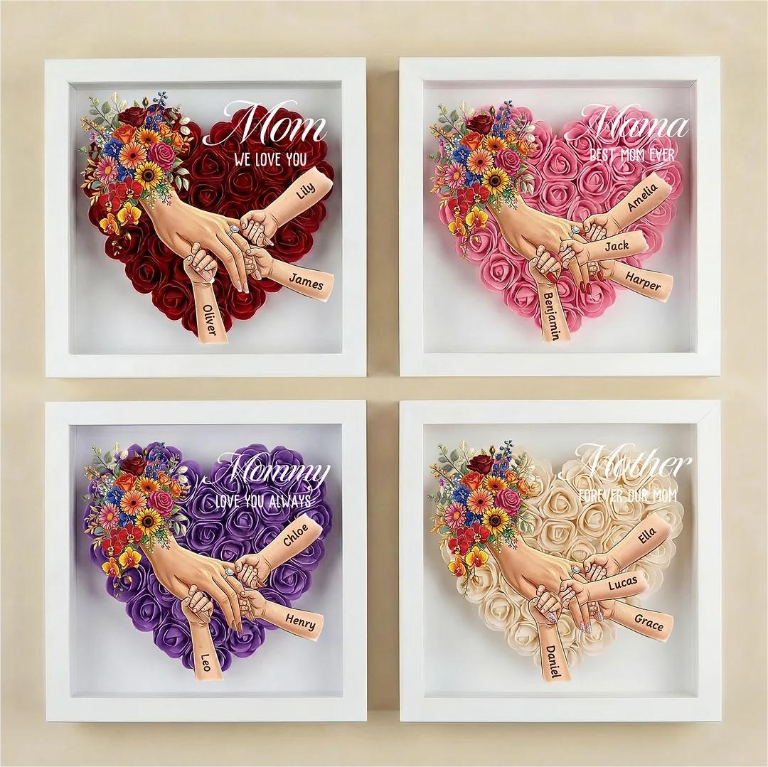 Boîte d’ombre cœur floral personnalisée Maman mains avec prénoms enfants et bague manicure