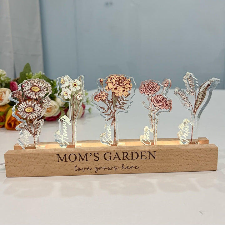 Fleur de naissance personnalisée en acrylique 3D avec lumière LED et prénoms des enfants