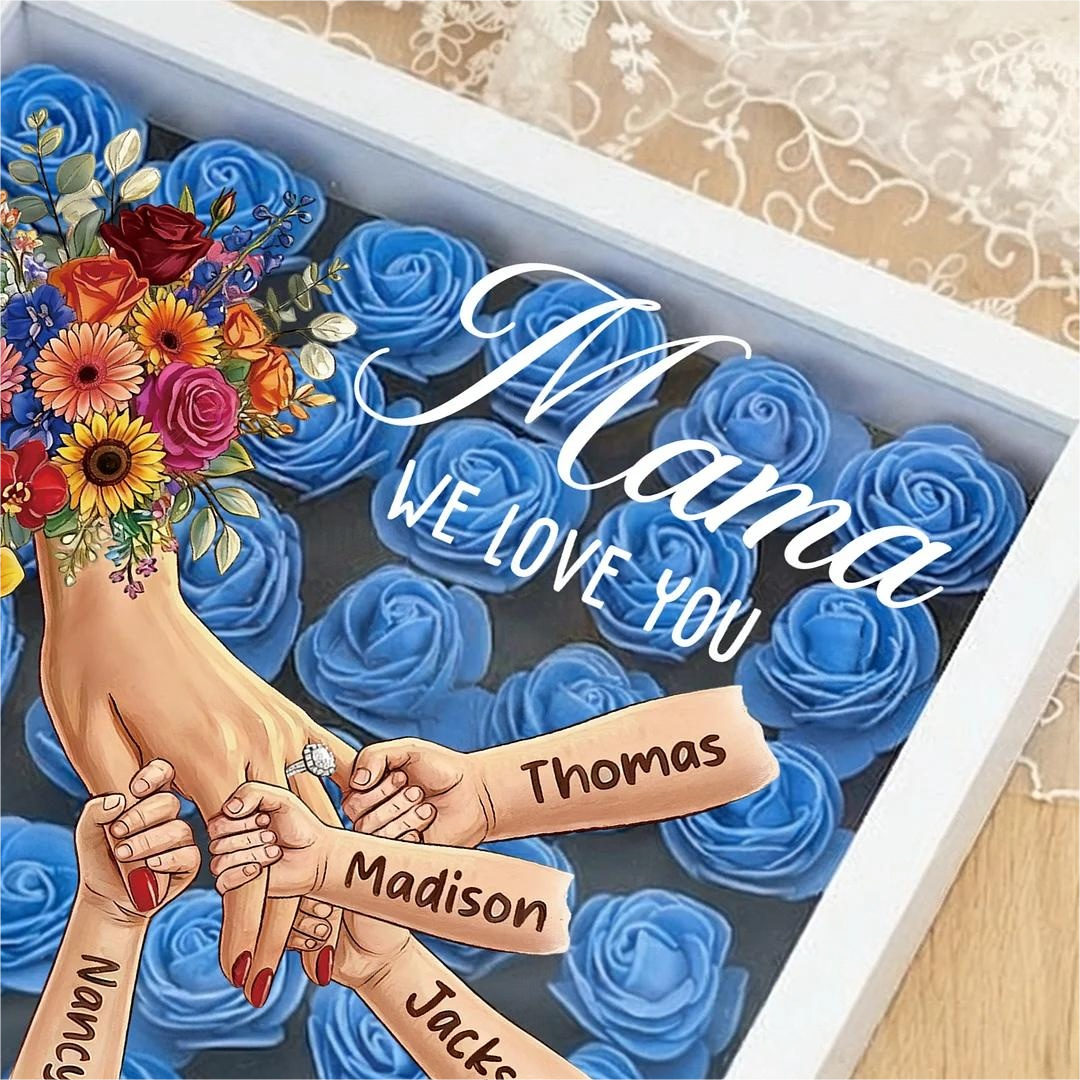 Boîte d’ombre cœur floral personnalisée Maman mains avec prénoms enfants et bague manicure