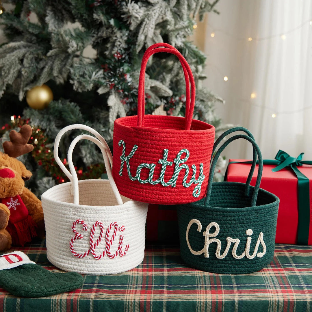 Panier de rangement personnalisé pour jouets de Noël avec le nom de l'enfant
