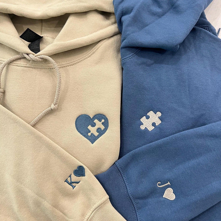Sweat-shirts Couple Personnalisés, Cœurs Brodés et Puzzle avec Initiales,Cadeau d’Anniversaire et de Noël
