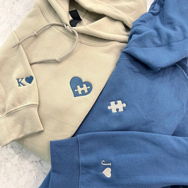 Sweat-shirts Couple Personnalisés, Cœurs Brodés et Puzzle avec Initiales,Cadeau d’Anniversaire et de Noël