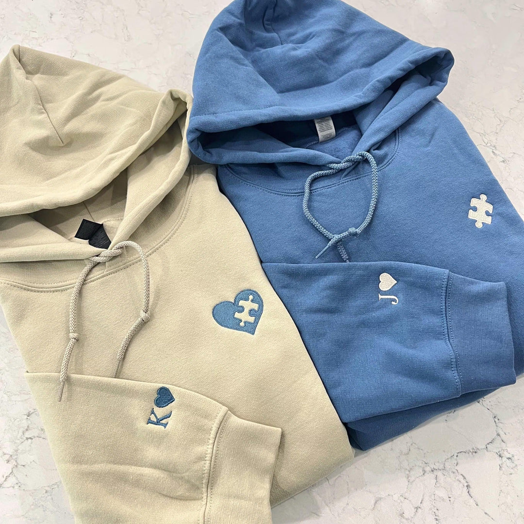 Sweat-shirts Couple Personnalisés, Cœurs Brodés et Puzzle avec Initiales,Cadeau d’Anniversaire et de Noël