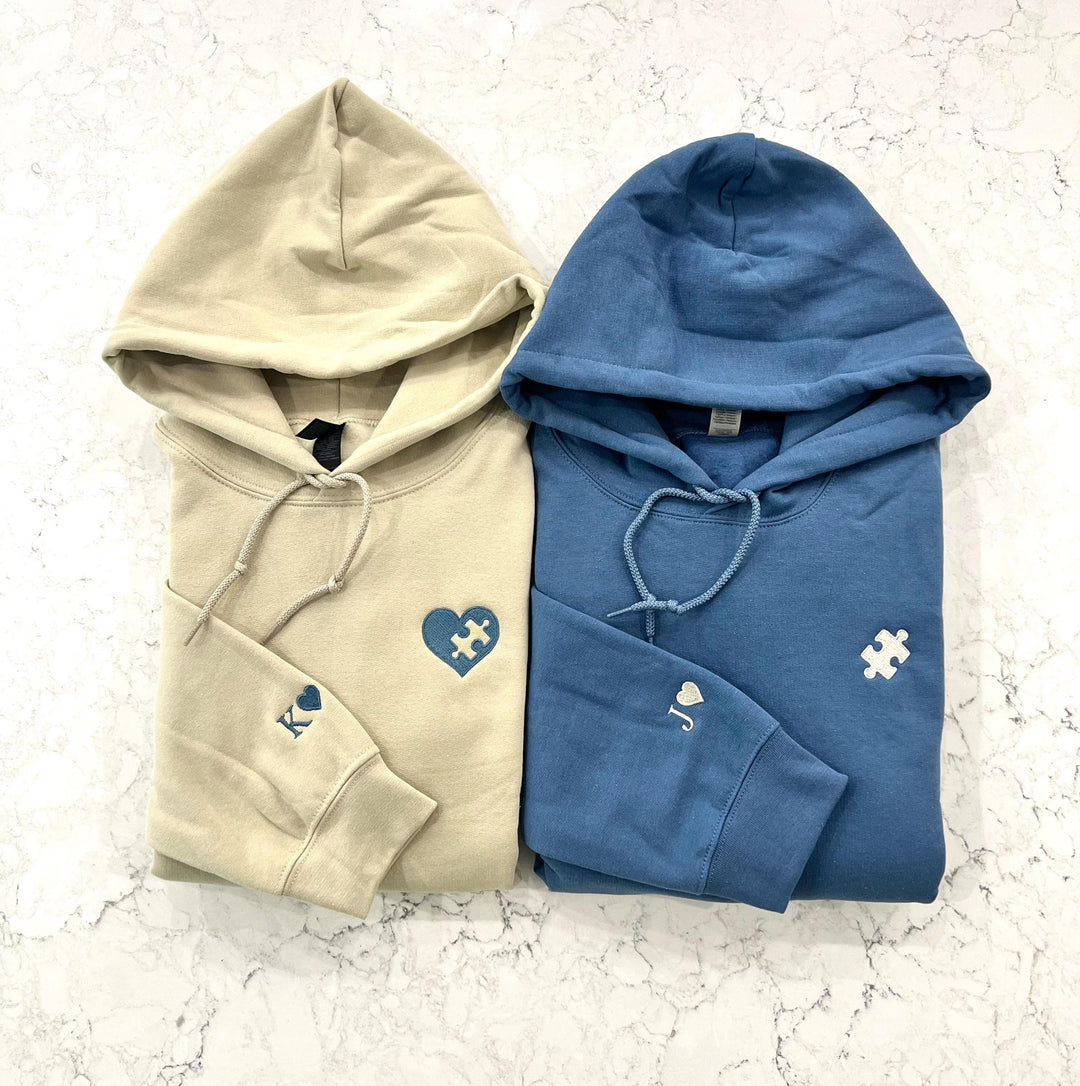Sweat-shirts Couple Personnalisés, Cœurs Brodés et Puzzle avec Initiales,Cadeau d’Anniversaire et de Noël