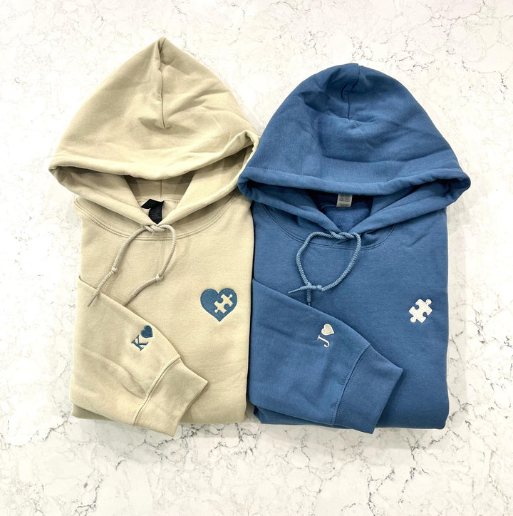 Sweat-shirts Couple Personnalisés, Cœurs Brodés et Puzzle avec Initiales,Cadeau d’Anniversaire et de Noël