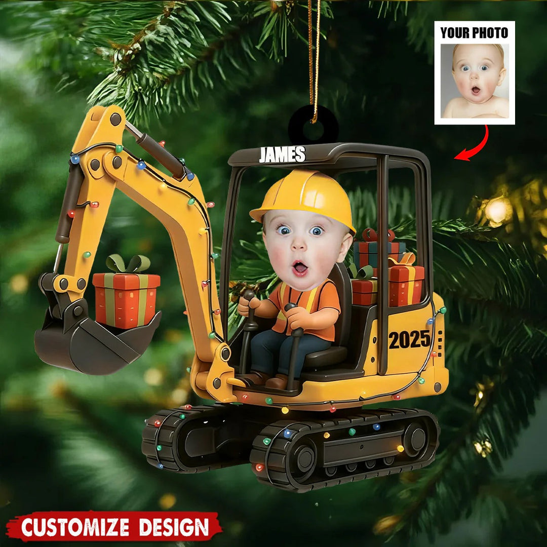 Ornement de construction d'excavatrice de Noël personnalisé avec photo de visage d'enfant