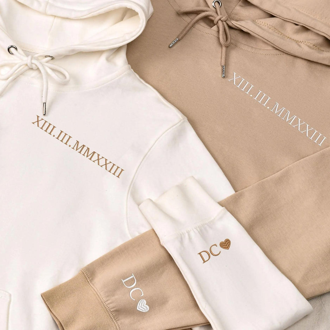 Sweat-shirt pour couple avec date et chiffres romains brodéssur mesure,pour couple