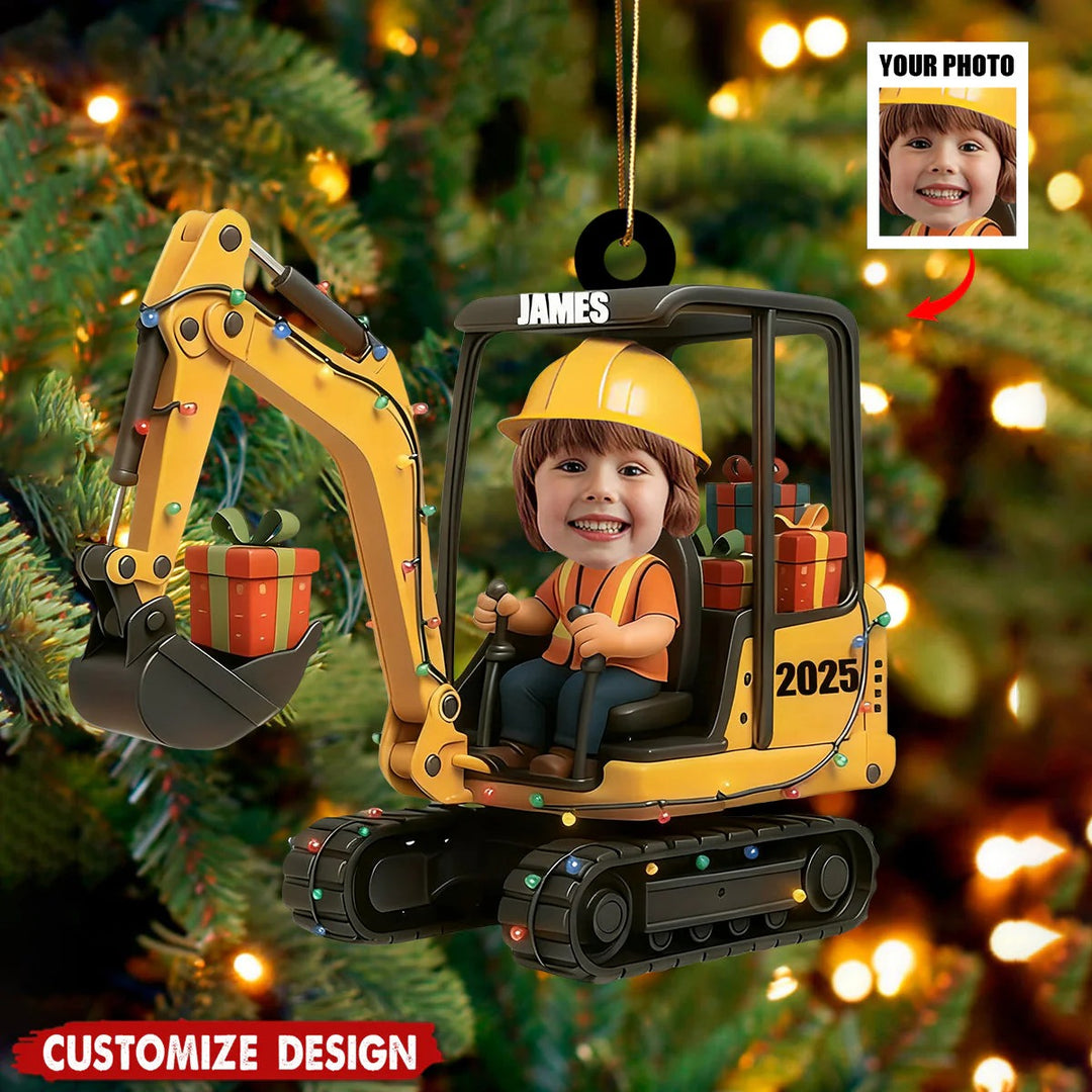 Ornement de construction d'excavatrice de Noël personnalisé avec photo de visage d'enfant