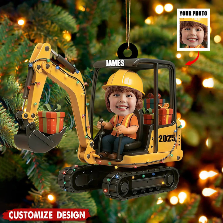Ornement de construction d'excavatrice de Noël personnalisé avec photo de visage d'enfant