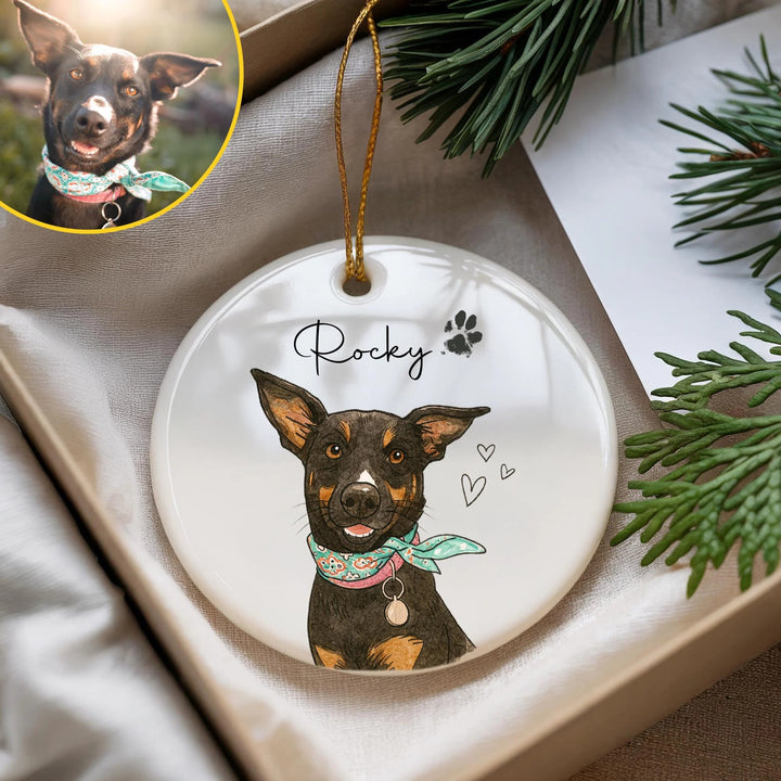 Décoration de Noël personnalisée avec portrait d’animal – Souvenir commémoratif effet aquarelle