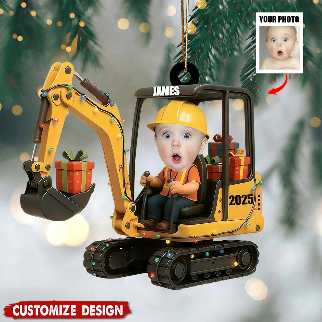 Ornement de construction d'excavatrice de Noël personnalisé avec photo de visage d'enfant