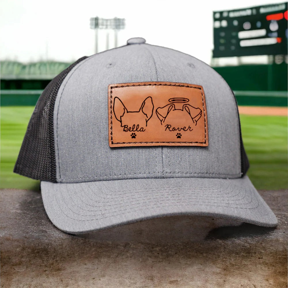 Casquette de camionneur en cuir avec portrait d'animal personnalisé, oreilles et nom d'animal