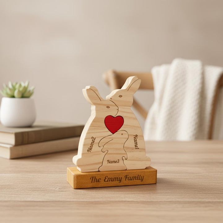 Puzzle en bois personnalisé - Famille des lapins - Décorations et cadeaux personnalisés