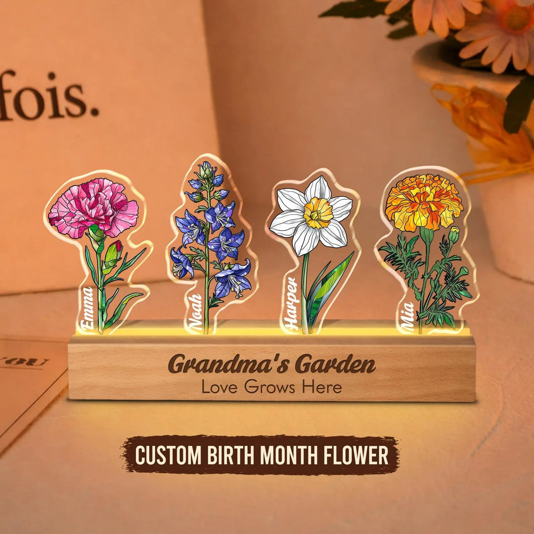 Fleur de naissance personnalisée en acrylique 3D avec lumière LED et prénoms des enfants pour maman