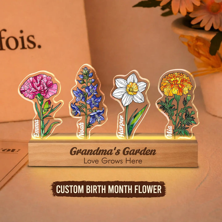 Fleur de naissance personnalisée en acrylique 3D avec lumière LED et prénoms des enfants pour maman