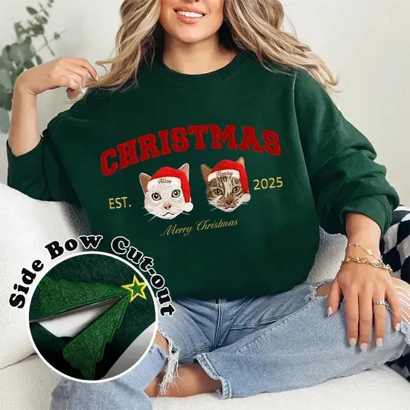 Sweat-shirt personnalisé avec portrait d'animal brodé « Joyeux Noël » et nœud pailleté sur le côté