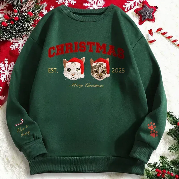 Sweat-shirt personnalisé avec portrait d'animal brodé « Joyeux Noël » et nœud pailleté sur le côté