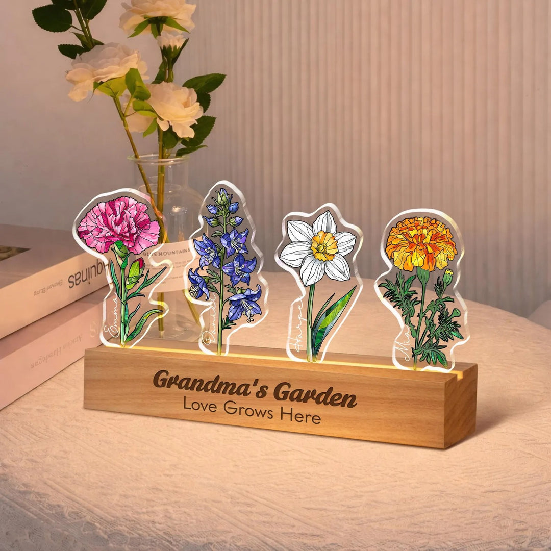 Fleur de naissance personnalisée en acrylique 3D avec lumière LED et prénoms des enfants pour maman