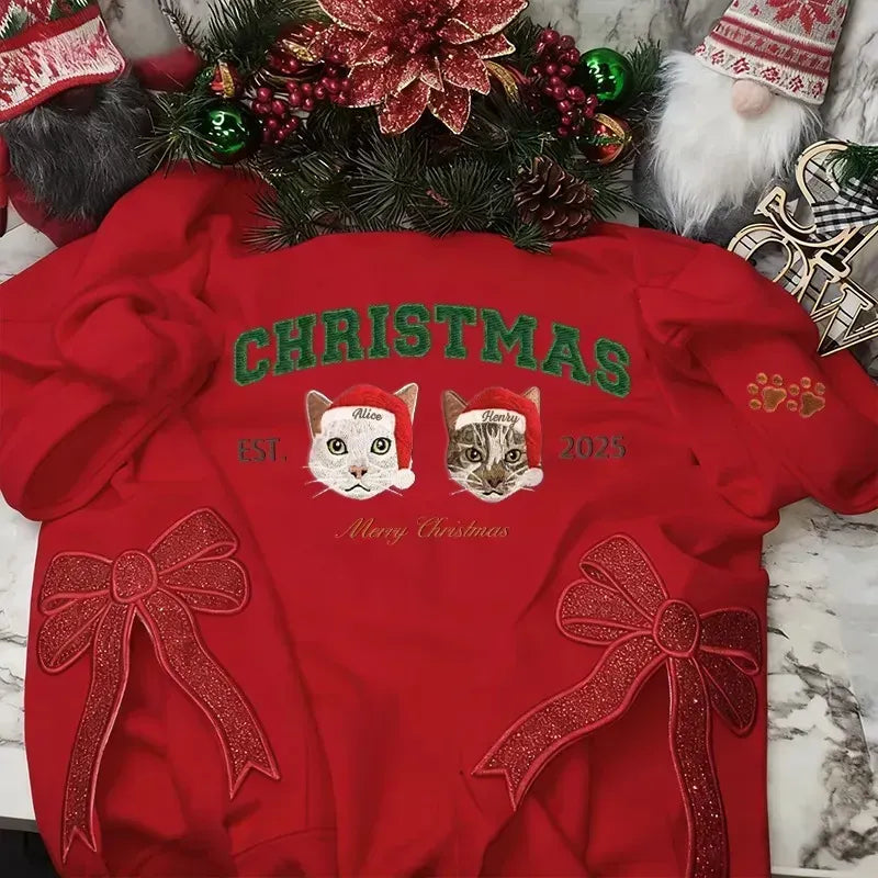 Sweat-shirt personnalisé avec portrait d'animal brodé « Joyeux Noël » et nœud pailleté sur le côté