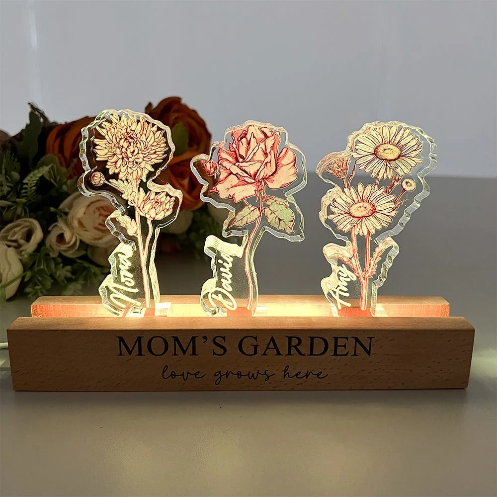 Fleur de naissance personnalisée en acrylique 3D avec lumière LED et prénoms des enfants
