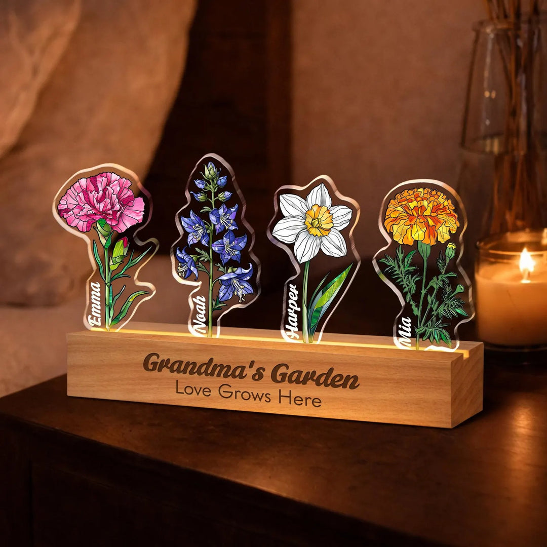 Fleur de naissance personnalisée en acrylique 3D avec lumière LED et prénoms des enfants pour maman