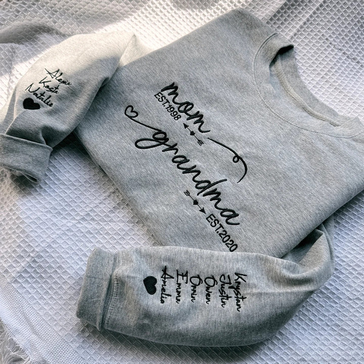 Sweat-shirt brodé personnalisé « De maman à grand-mère / De papa à grand-père » avec les noms des enfants sur les manches