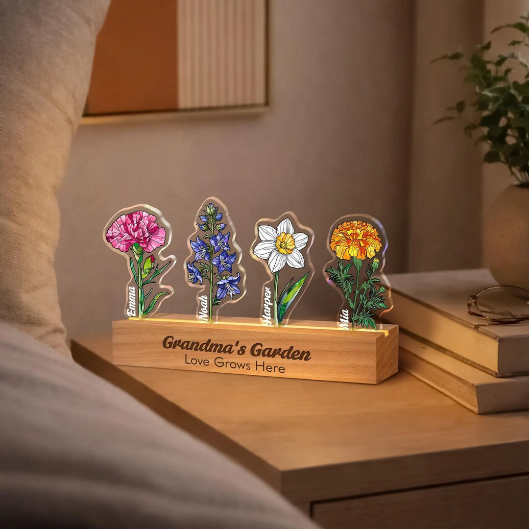 Fleur de naissance personnalisée en acrylique 3D avec lumière LED et prénoms des enfants pour maman