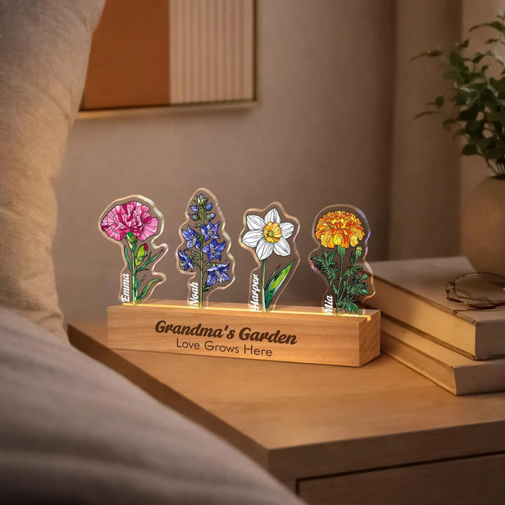 Fleur de naissance personnalisée en acrylique 3D avec lumière LED et prénoms des enfants pour maman