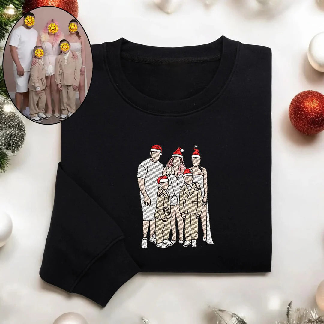 Sweat à capuche/col ras du cou personnalisé avec portrait brodé et chapeaux de Noël
