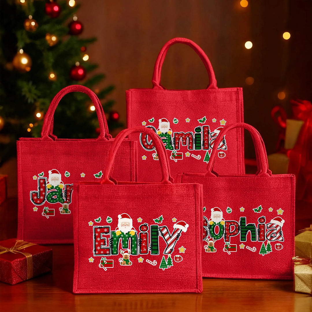 Grand sac fourre-tout en jute personnalisé avec le nom de l'alphabet du Père Noël pour Noël