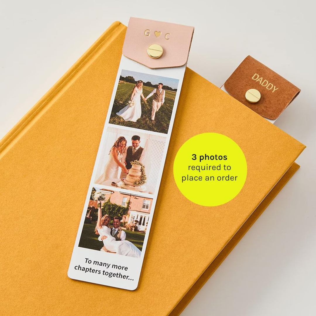 Marque-page en métal avec bande photo personnalisée en cuir pour maman, papa et la famille