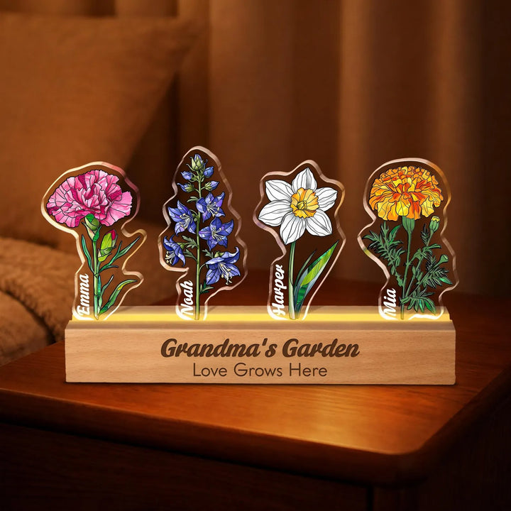 Fleur de naissance personnalisée en acrylique 3D avec lumière LED et prénoms des enfants pour maman