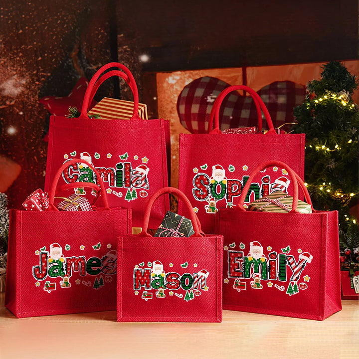Grand sac fourre-tout en jute personnalisé avec le nom de l'alphabet du Père Noël pour Noël
