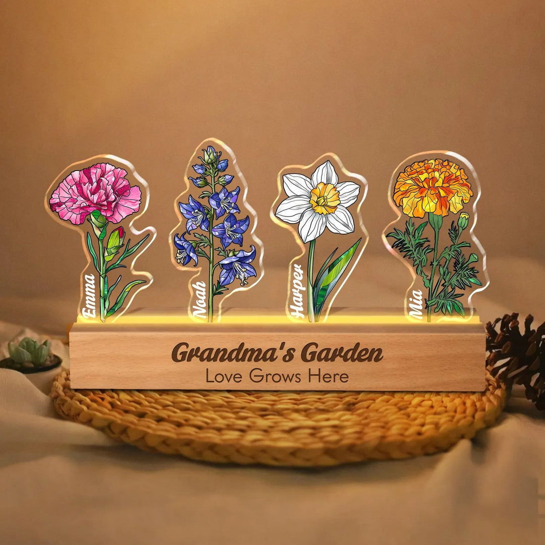 Fleur de naissance personnalisée en acrylique 3D avec lumière LED et prénoms des enfants pour maman
