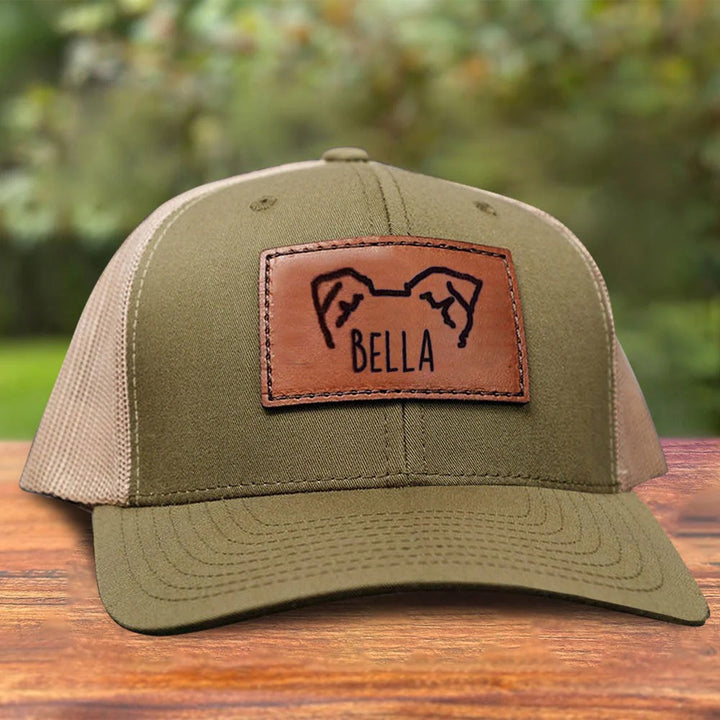 Casquette de camionneur en cuir avec portrait d'animal personnalisé, oreilles et nom d'animal