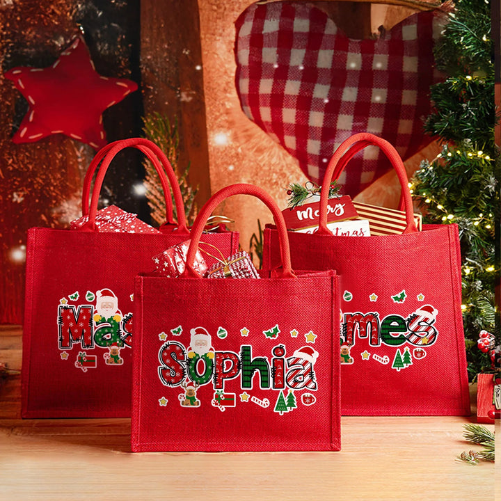 Grand sac fourre-tout en jute personnalisé avec le nom de l'alphabet du Père Noël pour Noël