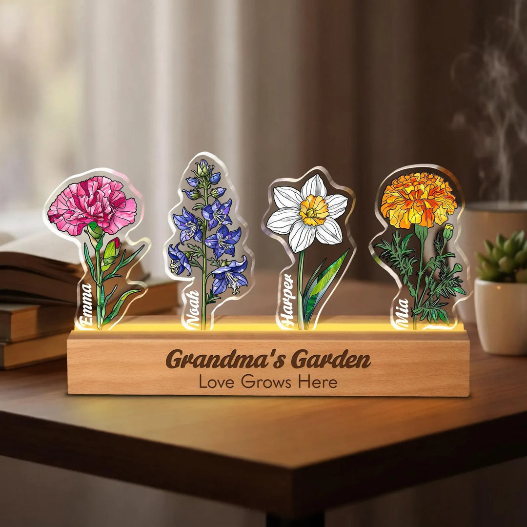 Fleur de naissance personnalisée en acrylique 3D avec lumière LED et prénoms des enfants pour maman