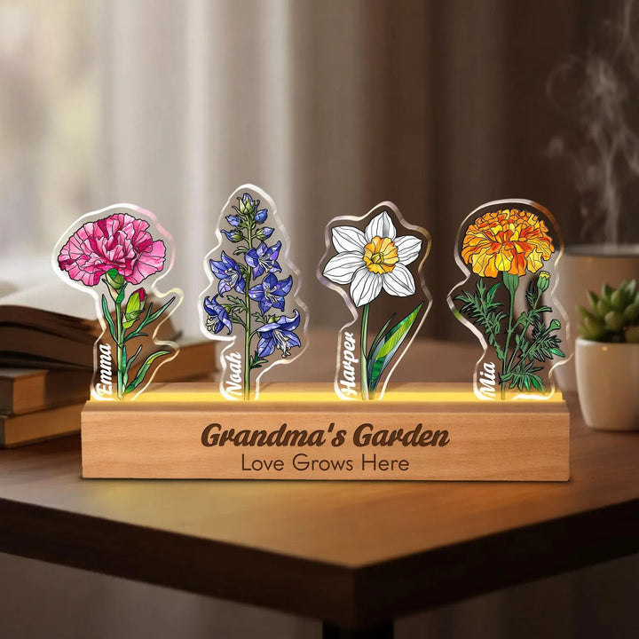 Fleur de naissance personnalisée en acrylique 3D avec lumière LED et prénoms des enfants pour maman