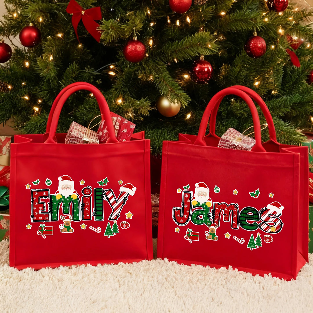 Grand sac fourre-tout en jute personnalisé avec le nom de l'alphabet du Père Noël pour Noël