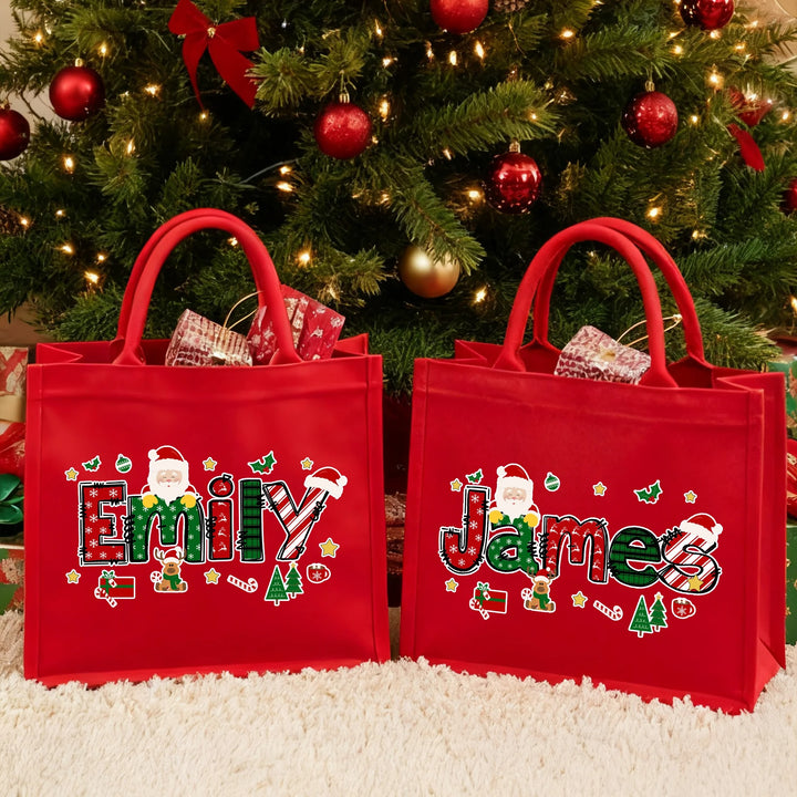 Grand sac fourre-tout en jute personnalisé avec le nom de l'alphabet du Père Noël pour Noël